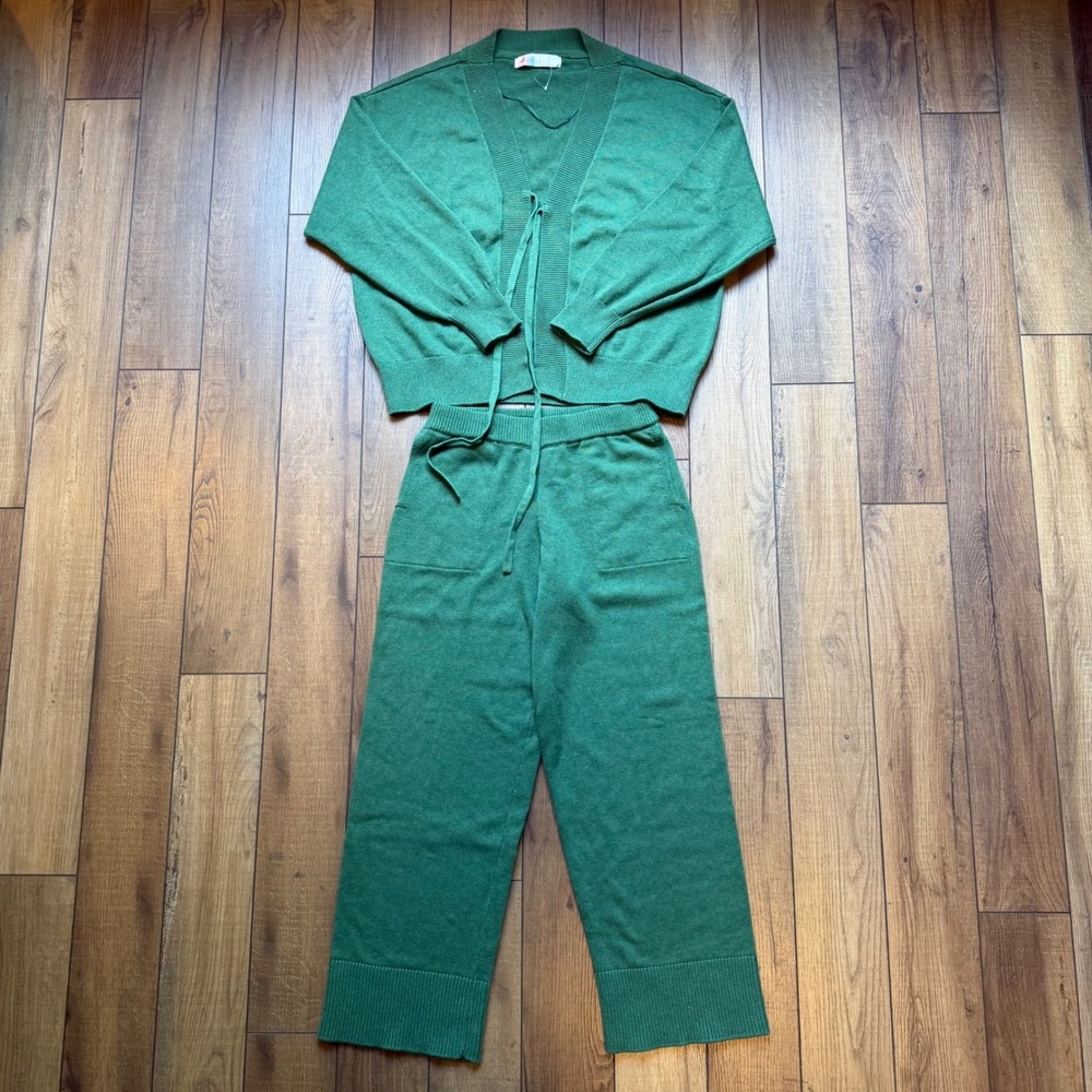 NWOT Free People Beach Solar Knit Set Tie Cardigan Wide Leg Pants Green Small
